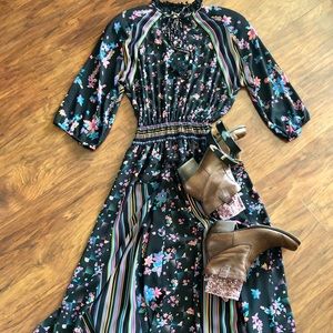 Moody Floral Print Dolman Midi Dress Vtg 80s Freis